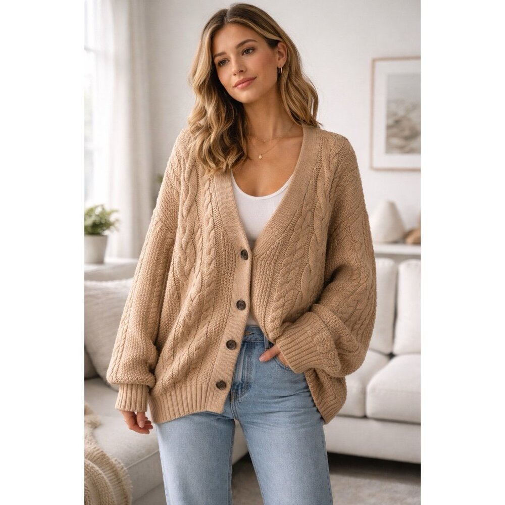 Quince Tan Cable Knit Cardigan
